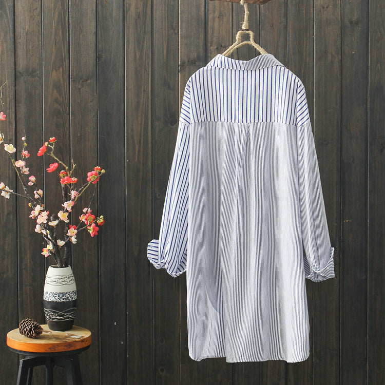 Literary Irregular Hem Striped Top Cotton Shirt