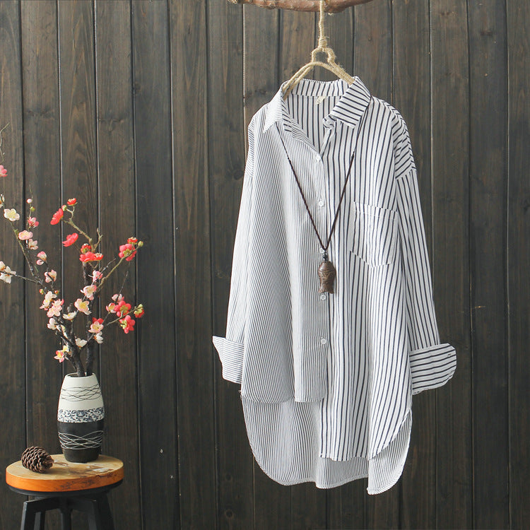 Literary Irregular Hem Striped Top Cotton Shirt