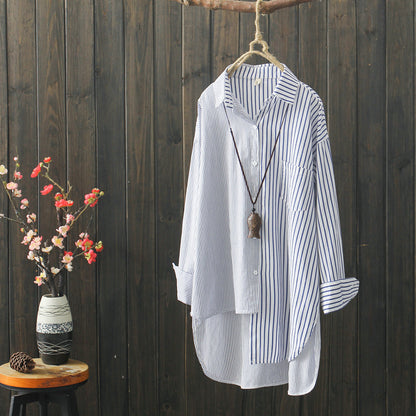 Literary Irregular Hem Striped Top Cotton Shirt