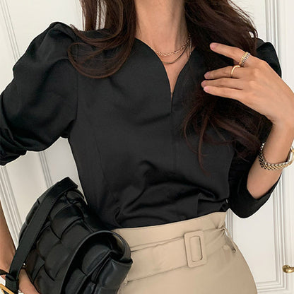 Korean Chic Minimalism French Style Slim Chic V-neck Shirt Temperament Loose Solid Color Puff Sleeve Shirt Women