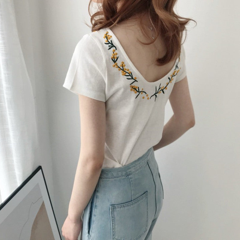 Knitted Cool Round Neck Halter Embroidered Short Sleeves