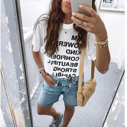 Tops Y2K Short-Sleeve White Tees Women Shirt Letter Print O-Neck Cotton Jastie Summer