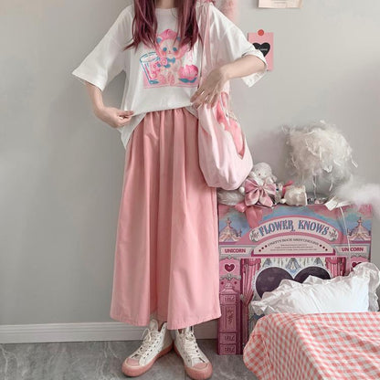 T-Shirt manches courtes femme, mignon, imprimé jus de pêche, fille douce japonaise, blanc, rose, coton, été