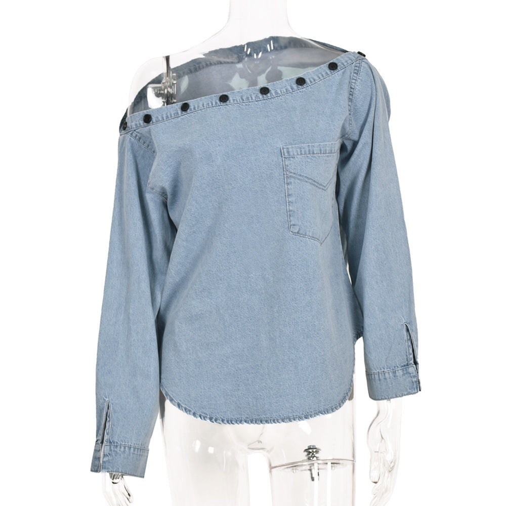 Chemise en jean à manches longues et col boutonné pour femme