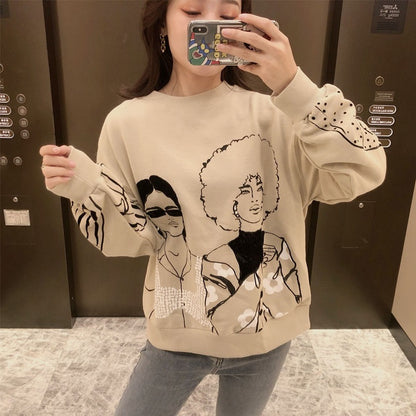 Girls Print Flocking Loose Sweatshirt