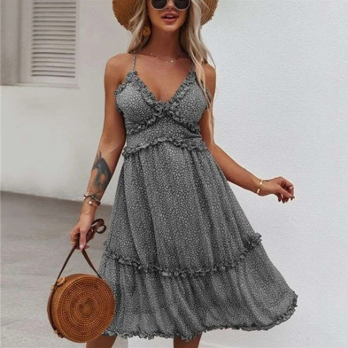 V-neck Halter Floral Suspender Dress With Wood Ears