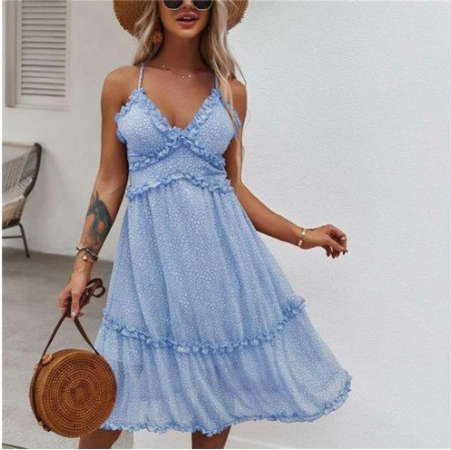 V-neck Halter Floral Suspender Dress With Wood Ears