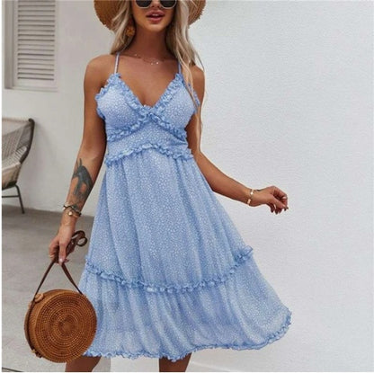 V-neck Halter Floral Suspender Dress With Wood Ears