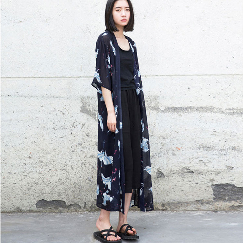 Japanese Style Chiffon Beach Sunscreen Shirt Kimono Cardigan Women's Summer Mid-Length Loose Coat Air-Conditioning Shirt Thin