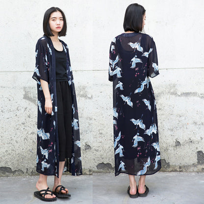 Japanese Style Chiffon Beach Sunscreen Shirt Kimono Cardigan Women's Summer Mid-Length Loose Coat Air-Conditioning Shirt Thin