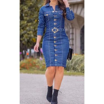 Long Slim Long Sleeve Denim Goddess Dress