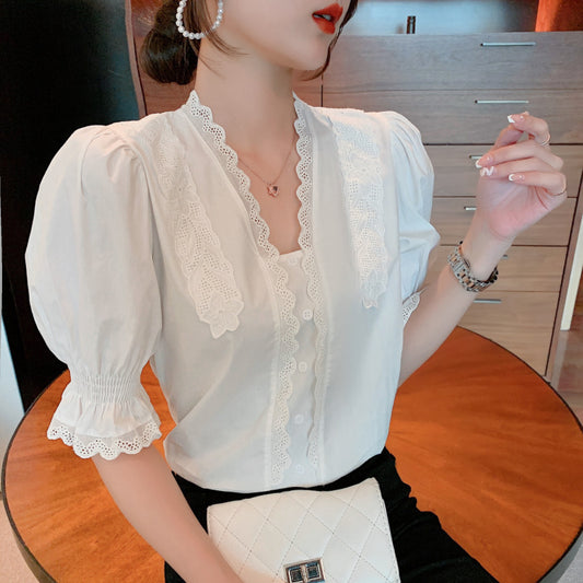 Chemise blanche à manches courtes et col en v pour femme, manches courtes bouffantes, en dentelle