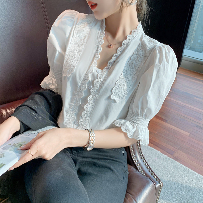 White v-neck Lace Half-sleeved Short-sleeved Puff Sleeve Shirt Women