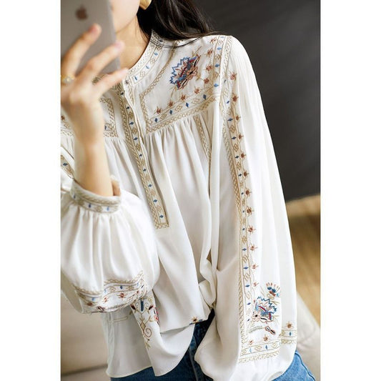 Printed Shirt Women Retro Bohemian Style Lantern Sleeve T-shirt