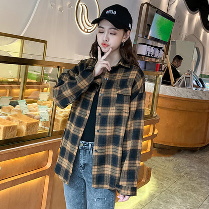 Plaid Student Shirt Women Loose Long Sleeved Brushed Coat Thin Coat