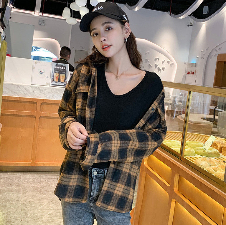 Plaid Student Shirt Women Loose Long Sleeved Brushed Coat Thin Coat