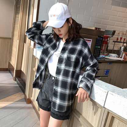 Plaid Student Shirt Women Loose Long Sleeved Brushed Coat Thin Coat