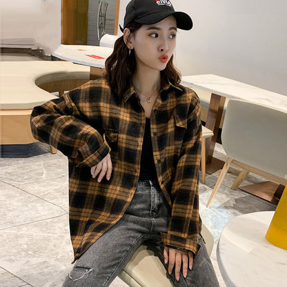 Plaid Student Shirt Women Loose Long Sleeved Brushed Coat Thin Coat