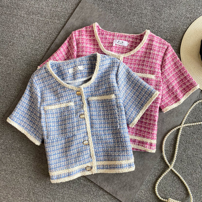 PinkLittle-Chaqueta corta de viento fragante para mujer, cárdigan de bolsillo de manga corta con cuello redondo, nueva versión coreana, primavera y otoño