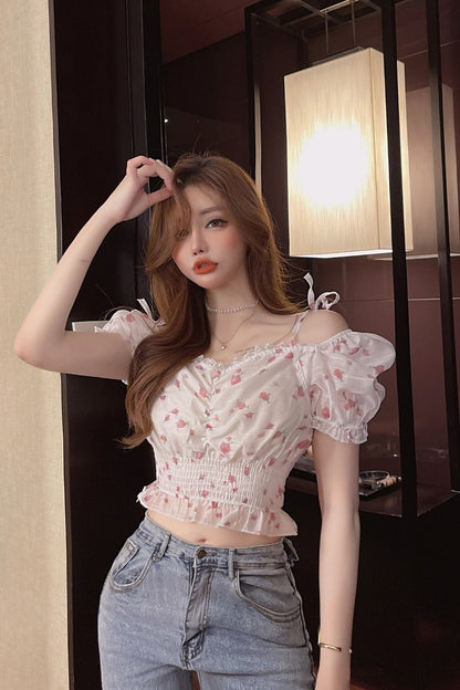 One-shoulder Square Neckline Pleated Waist Puff Sleeves