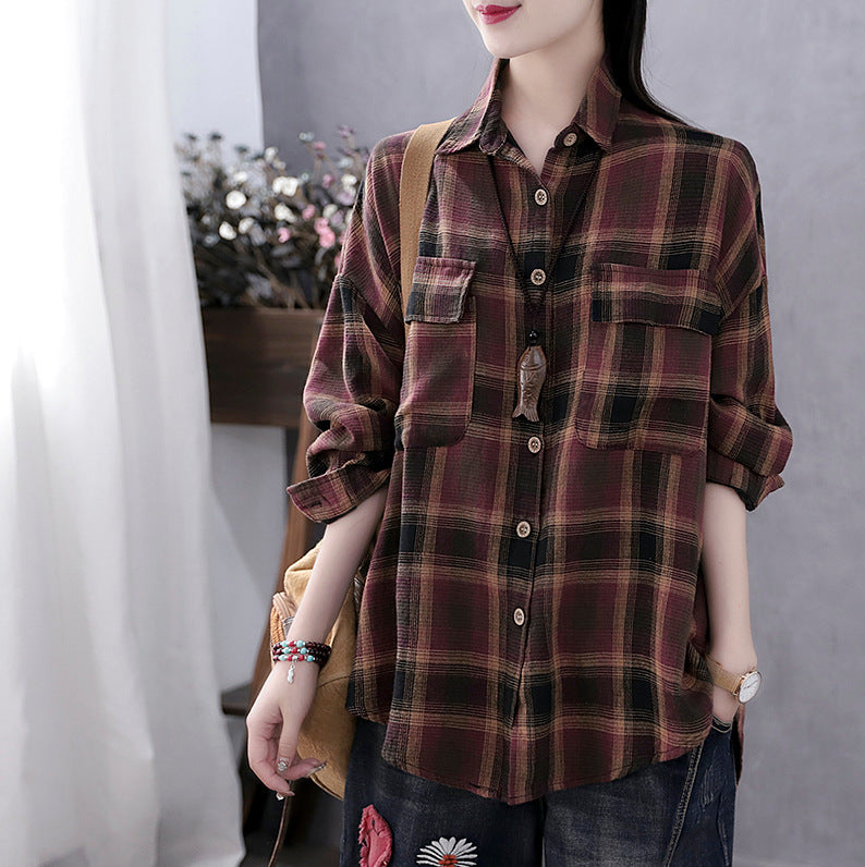 Women's New Style Retro Literary Loose Check Shirt Cotton Linen Shirt Long Sleeve Top