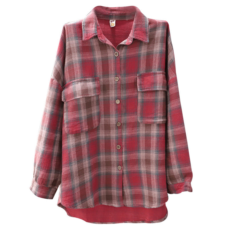 Women's New Style Retro Literary Loose Check Shirt Cotton Linen Shirt Long Sleeve Top