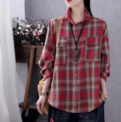 Women's New Style Retro Literary Loose Check Shirt Cotton Linen Shirt Long Sleeve Top