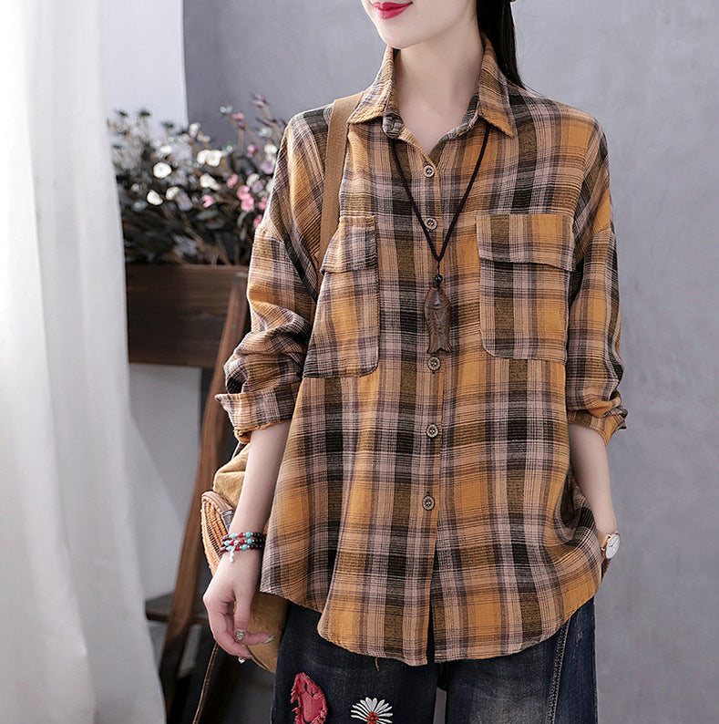 Women's New Style Retro Literary Loose Check Shirt Cotton Linen Shirt Long Sleeve Top