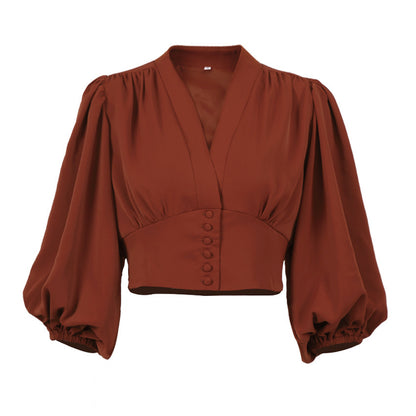 OOTN, blusa blanca elegante, camisa para mujer, Túnica femenina, cuello en V, botones hacia abajo, blusa informal elegante de color rojo vino, manga acampanada para mujer