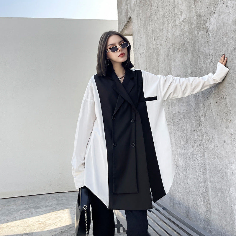 Women Black White Bandage Big Size Blouse New Notched Collar Long Sleeve Loose Shirt Fashion Spring Autumn 1DD4835