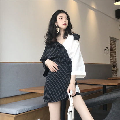 Women's Black and White Contrast Stripes Stitching Suit Collar Strapless Three-quarter Sleeve Shirt Trend