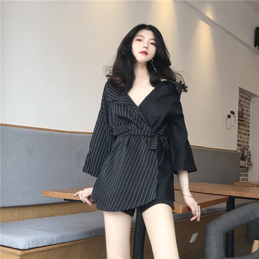 Women's Black and White Contrast Stripes Stitching Suit Collar Strapless Three-quarter Sleeve Shirt Trend