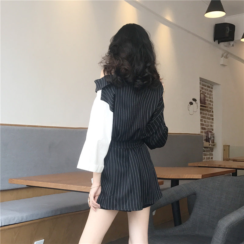 Chemise à rayures contrastées noires et blanches pour femmes, col de costume sans bretelles, manches trois-quarts, tendance