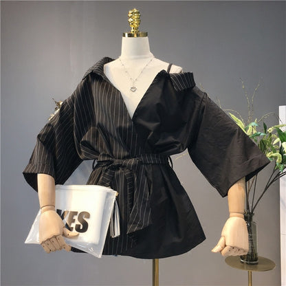 Chemise à rayures contrastées noires et blanches pour femmes, col de costume sans bretelles, manches trois-quarts, tendance