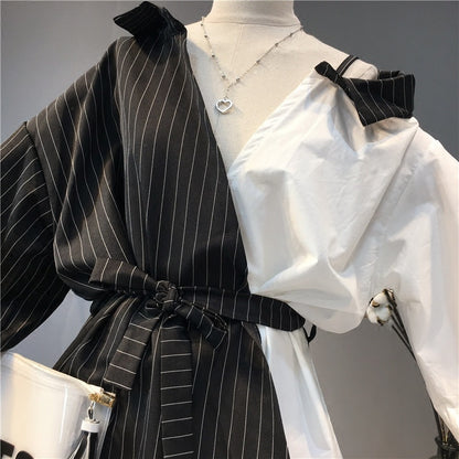 Chemise à rayures contrastées noires et blanches pour femmes, col de costume sans bretelles, manches trois-quarts, tendance