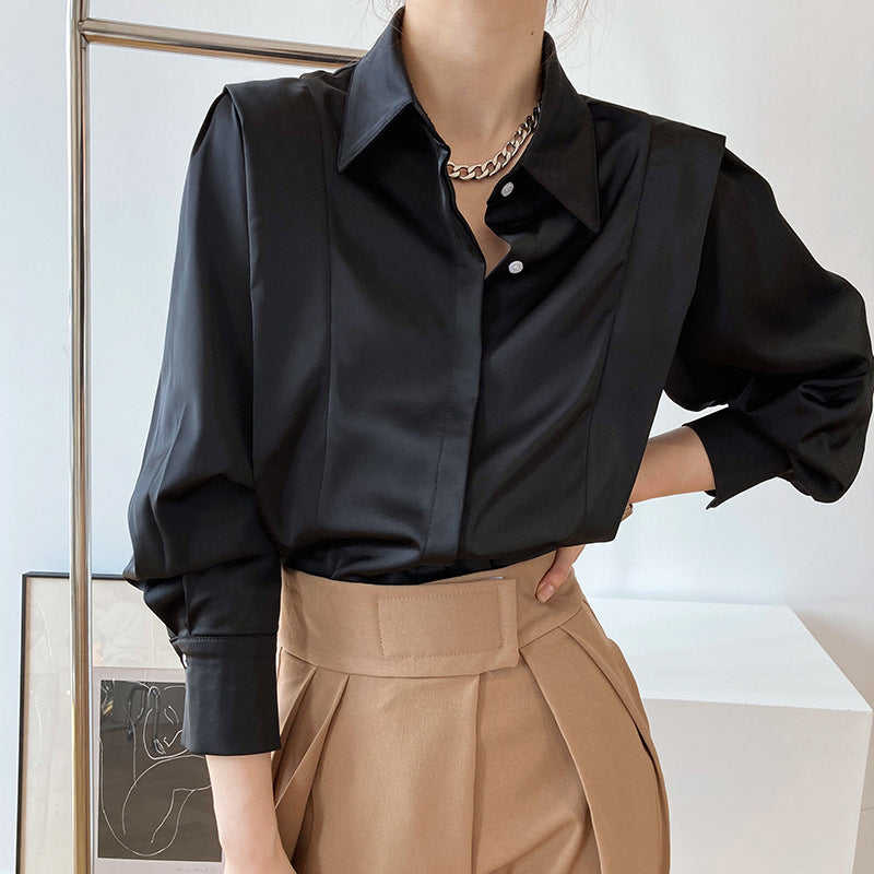 Ruffled Satin Shirt Women's Long-sleeved French Light Familiar Design Niche Shirt