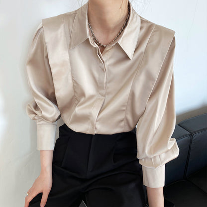 Ruffled Satin Shirt Women's Long-sleeved French Light Familiar Design Niche Shirt