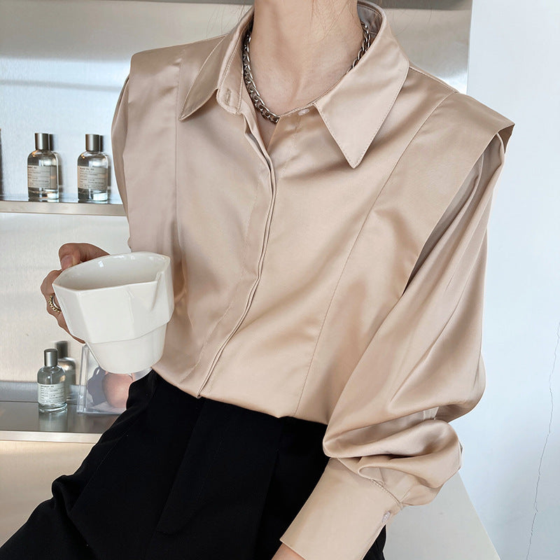 Ruffled Satin Shirt Women's Long-sleeved French Light Familiar Design Niche Shirt