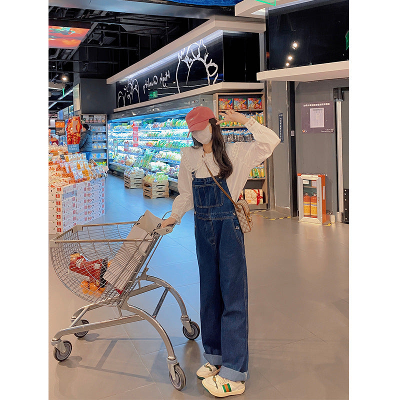 Blue Denim Overalls Women'S High-Waisted Loose Straight Wide-Leg Pants Reduce Age