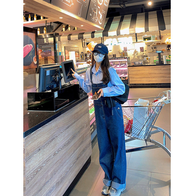 Blue Denim Overalls Women'S High-Waisted Loose Straight Wide-Leg Pants Reduce Age