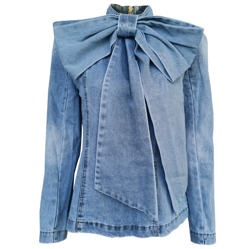 European And American Style Solid Color Denim Blouse Spring New Bow Tie Stand Collar Zipper Long Sleeve Slim Shirt