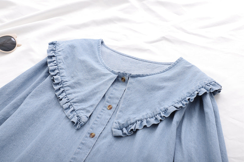 Women's Denim Shirt Top With Lotus Leaf Collar