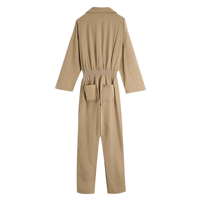 European And American Style Lapel Ladies Striped Long One-Piece Long-Sleeved Jumpsuit