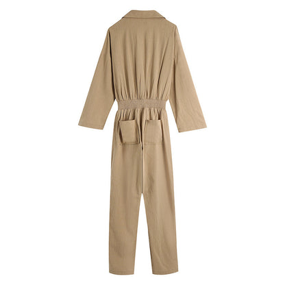 European And American Style Lapel Ladies Striped Long One-Piece Long-Sleeved Jumpsuit