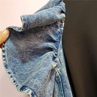 Pull en Denim à manches volantées et coutures à la mode pour femmes, haut à épaules dénudées