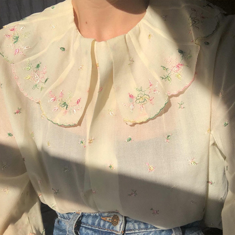 Gentle Temperament Doll Collar Vintage Embroidered Shirt