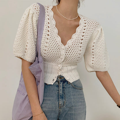 Ll Korea Chic Gentle Temperament V-Neck Chic Single-Breasted Waist Short Puff Sleeve Hollow Knit Top