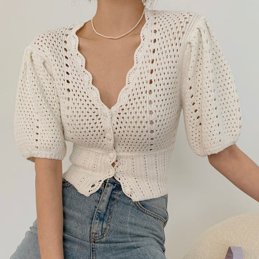 Ll Korea Chic Gentle Temperament V-Neck Chic Single-Breasted Waist Short Puff Sleeve Hollow Knit Top