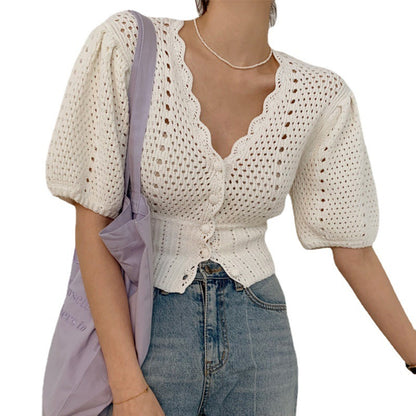 Ll Korea Chic Gentle Temperament V-Neck Chic Single-Breasted Waist Short Puff Sleeve Hollow Knit Top