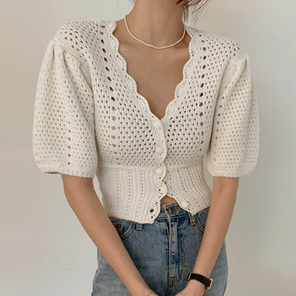 Ll Korea Chic Gentle Temperament V-Neck Chic Single-Breasted Waist Short Puff Sleeve Hollow Knit Top